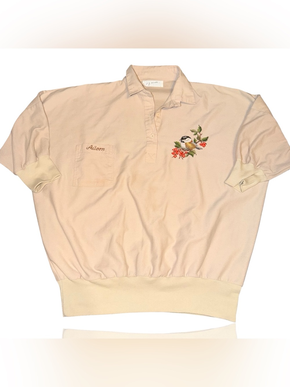 Vintage J.G. Gawalt Womens Ivory Pullover Sweatshirt Polo Collar Bird